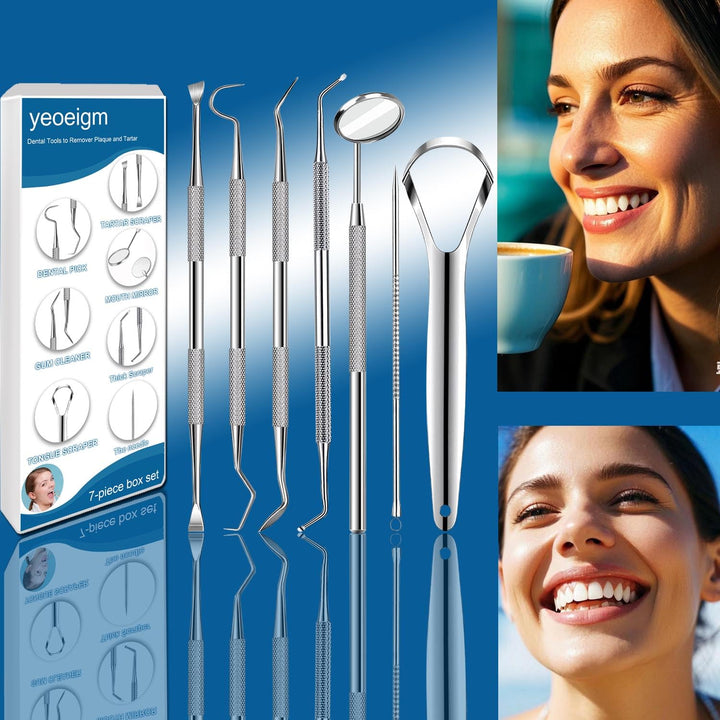 7Pcs Dental Tools, Dental Pick Teeth Cleaning Tools Hygiene Kit, Professional Stainless Steel Tooth Scraper Plaque Tartar Cleaner - with Case, Personal Using, Pets - Teeth Cleaning Kit
