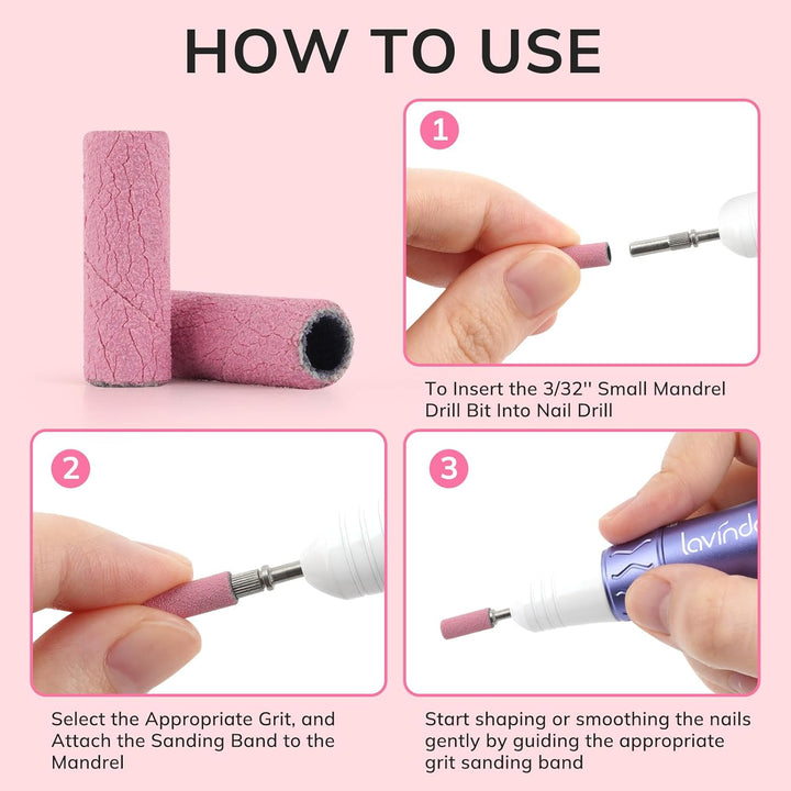 Small Sanding Bands Nail Drill Bit, 80 Piece Extra Fine Sanding Bands for Nail Drill with 3.1Mm Mandrel Bit for Acrylic Nails Gel Removing Shaping Polishing Nail Salon Use (240 Grit, Pink)