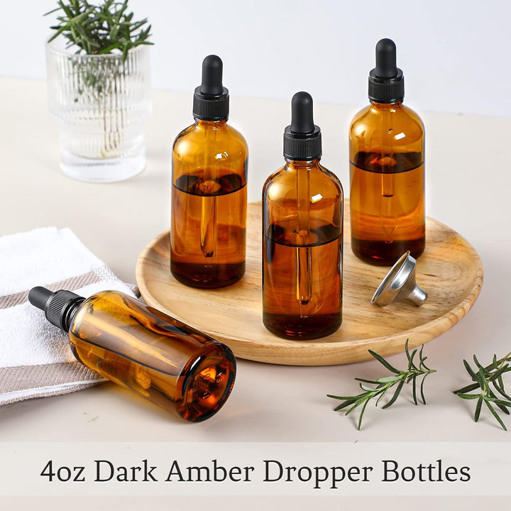 4 Pack, 4 Oz Dropper Bottles with 1 Funnel & 4 Labels - Essential Oils Bottles for Health, Personal Care & Beauty - 120Ml Thick Dark Amber Glass Tincture Bottles with Eye Droppers, Leakproof