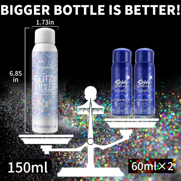 Hair Glitter Body Glitter Spray, 150ML Glitter Hairspray Holographic Silver Glitter Spray for Hair and Body, Hair Glitter for Kids Women, Body Shimmer Festival Makeup 4.2 Fl Oz
