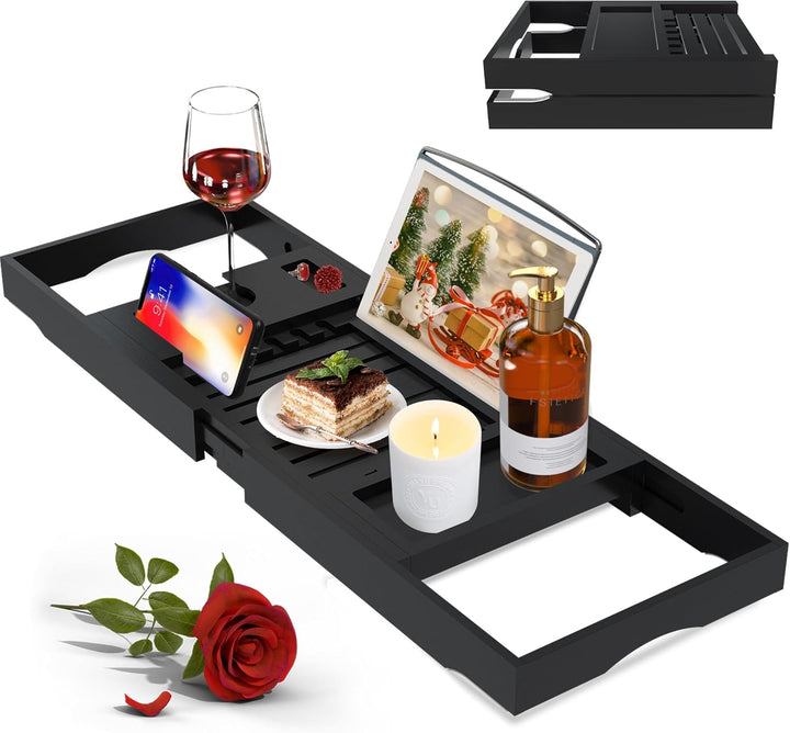 Luxury Bathtub Caddy Tray for Tub - Foldable Bamboo Bath Table Tray with Book and Wine Glass Holder, Expandable Bathroom Accessories for Spa or Reading Lite Style