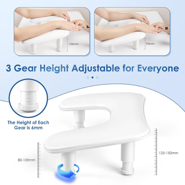 Manicure Arm Rest for Nails Tech: U-Shaped Adjustable Nail Armrest - White PU Leather Hand Stand Rest for Manicurists