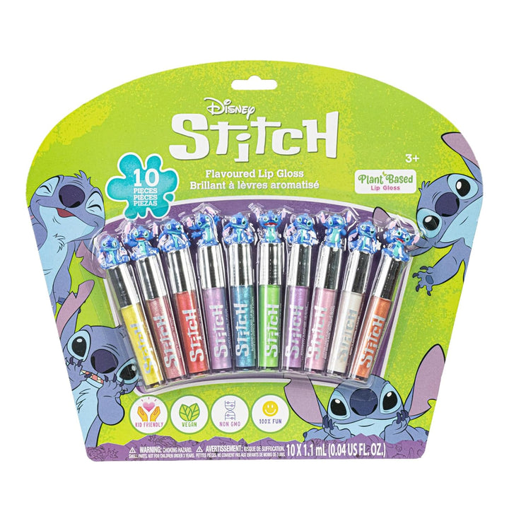 Disney Stitch 10 Piece Plant Based Lip Gloss, Girls Party Favors, First Makeup Set for Girl, Perfect for Parties, Sleepovers, and Birthday Gifts, Ages 3+, by