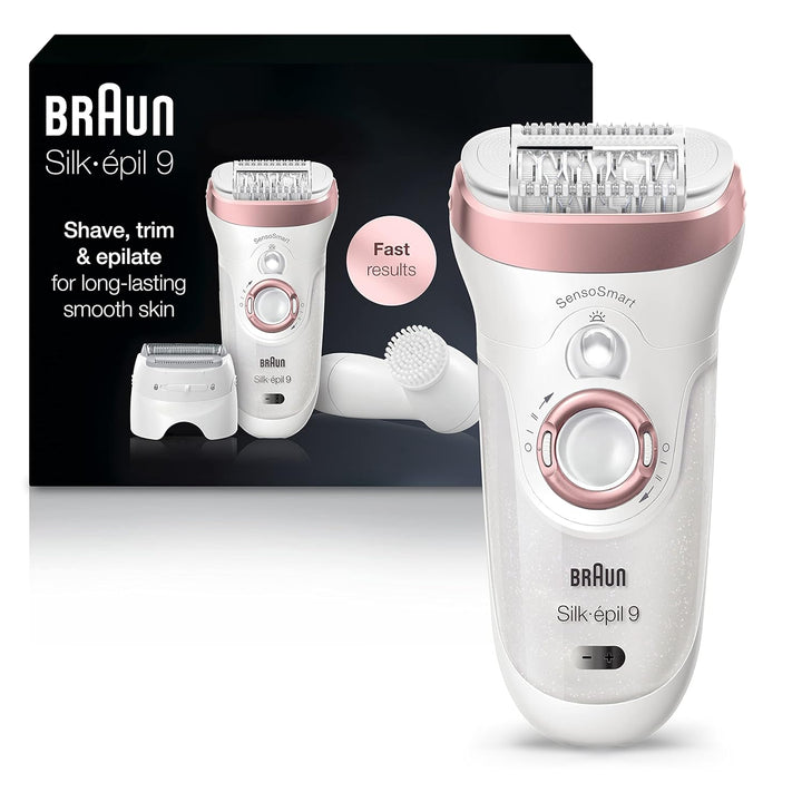 Epilator Silk-Épil 9, Hair Removal Device, Women Shaver & Trimmer, Pivoting Head, Wet and Dry Epilator, Includes Shaver Head and Trimmer Comb, SES9-030