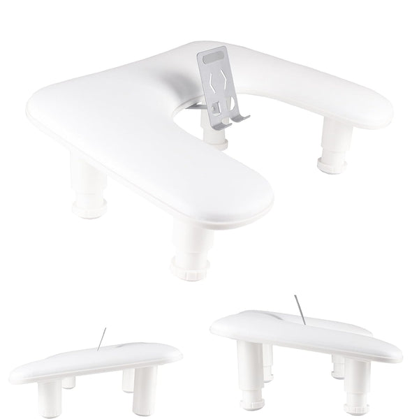 Manicure Arm Rest with Rotating Phone Holder for Nails Tech, U - Shaped Adjustable Nail Hand Rest Stand PU Leather (White)