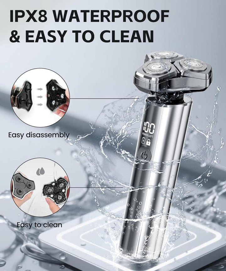 Electric Razor for Men，10,000Rpm High-Speed Motor, IPX8 Waterproof, USB Fast Charging, 5-Min Quick Charge & Travel Lock,Metallic Silver