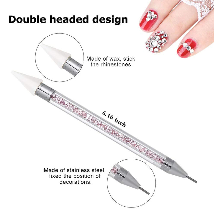 Nail Rhinestone Picker Dotting Tool with Extra 2 Wax Head, Dual-Ended DIY Nail Art Tool with Pink Acrylic Handle