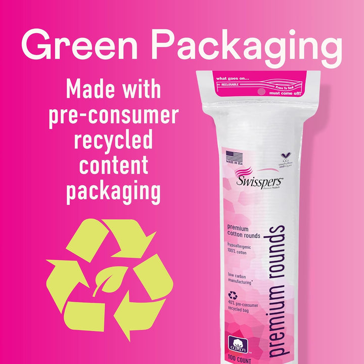 Premium Cotton Rounds - 100% Chlorine Free Cotton Face Pads for Makeup, Nail Polish Removal - Dermatologist Tested and Hypoallergenic, Made in USA - 100 Pads (Pack of 3)