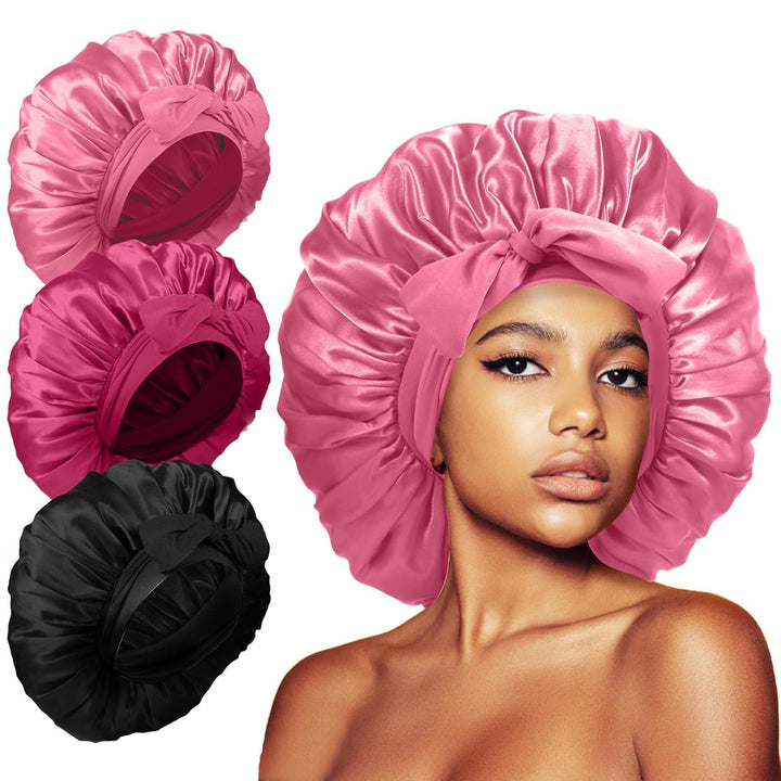 3Pcs Bonnets for Sleeping, Extra Satin Silk Bonnet for Sleeping Women with Tie Band for Curly Hair Jumbo Bonnet Braids