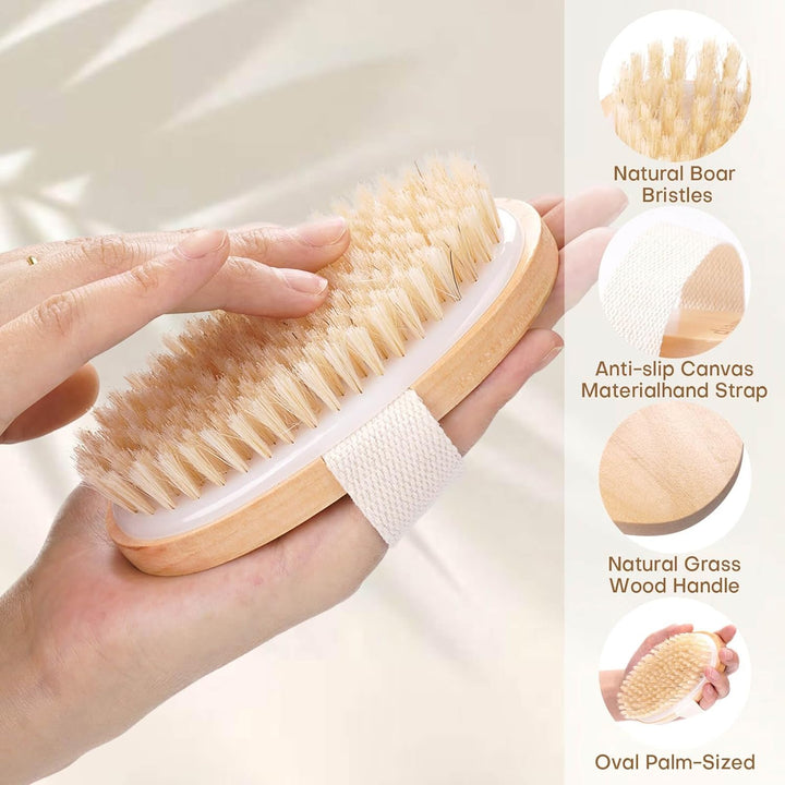 2 Pack Dry Brushing Body Brush, Natural Bristle Exfoliating Brush with Massage Nodes, for Lymphatic Drainage and Improving Skin Health and Reduces Acne