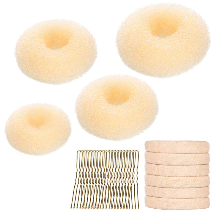 Hair Bun Maker Kit, Donut Bun Maker 4 Pieces (Large, Medium and Small), 6 Pieces Elastic Hair Ties, 20 Pieces Hair Bobby Pins, Brown