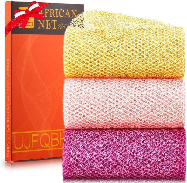 3 Pieces African Bath Sponge African Net Long Net Bath Sponge Exfoliating Shower Body Scrubber Back Scrubber Skin Smoother,Great for Daily Use (Pink,Yellow,Purple)