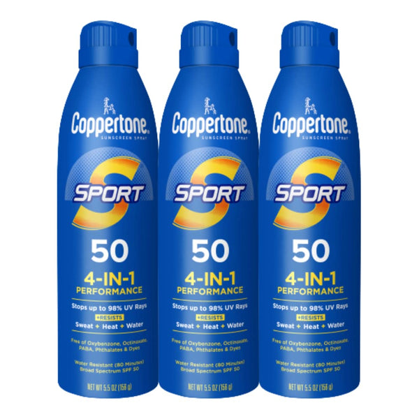 Sport Sunscreen Spray SPF 50, Sweat, Heat and Water Resistant Sunblock, Lightweight, Oxybenzone Free, Spray Sunscreen Bulk Pack, 5.5 Oz Bottle, Pack of 3 (Packaging May Vary)