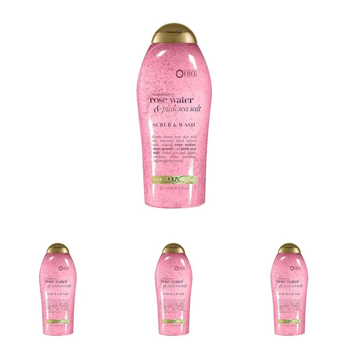 Sensitive + Rose Water & Pink Sea Salt Exfoliating Body Scrub + Rose Quartz, Gentle Exfoliating Daily Body Wash Softens Skin, Body Scrub for Women, Sulfate-Free Surfactants, 19.5 Fl Oz