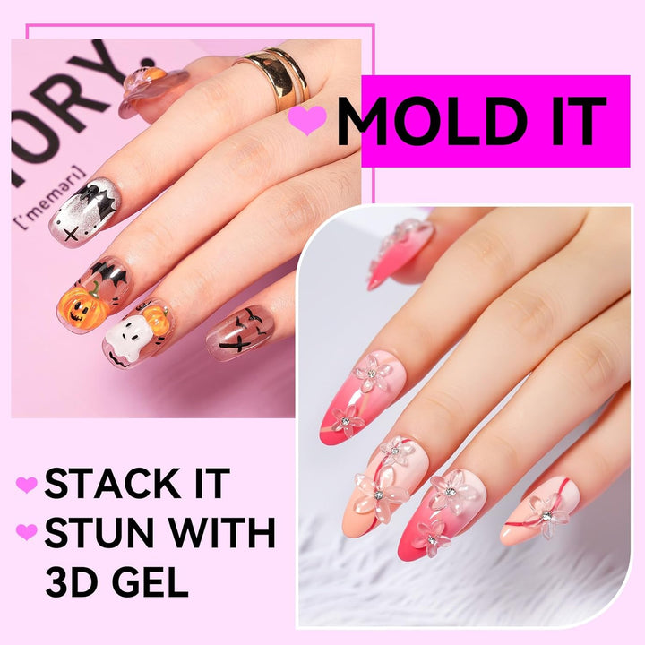 3D Gel Nail Art: Clear Solid Builder Nail Gel 4 in 1 Non-Sticky for Extension UV Glue for Acrylic Nails Rhinestones 3D Sculpting Hard Gels UV/LED Lamp Required 15Ml