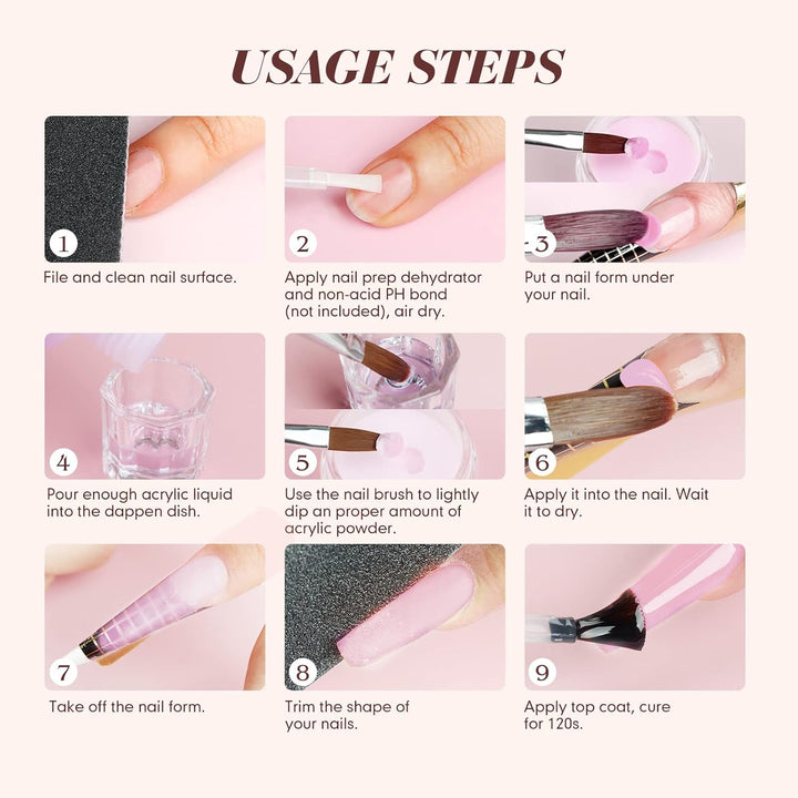 Acrylic Nail Starter Kit: Clear Pink Nude Acrylic Powder & Liquid, Brush, Files, Forms, Press on Nails, Home Practice Set