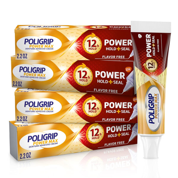 Poligrip Power Max Power Hold plus Seal Denture Adhesive Cream, Denture Cream for Secure Hold and Food Seal, Flavor Free - 2.2 Oz (Pack of 4)