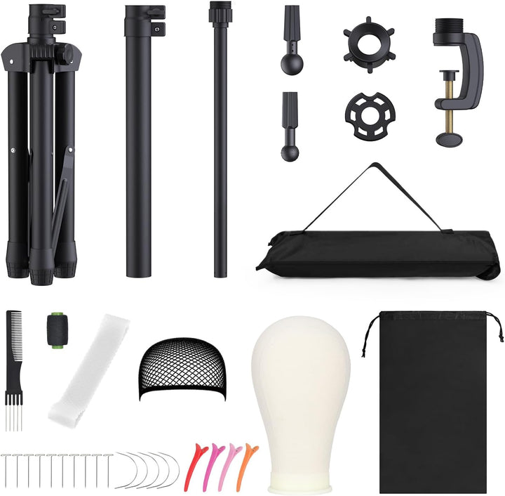 Reinforced Wig Stand with Mannequin Head - Adjustable Wig Head Stand with Head for Wigs - Manikin Head Set for Cosmetology, Black