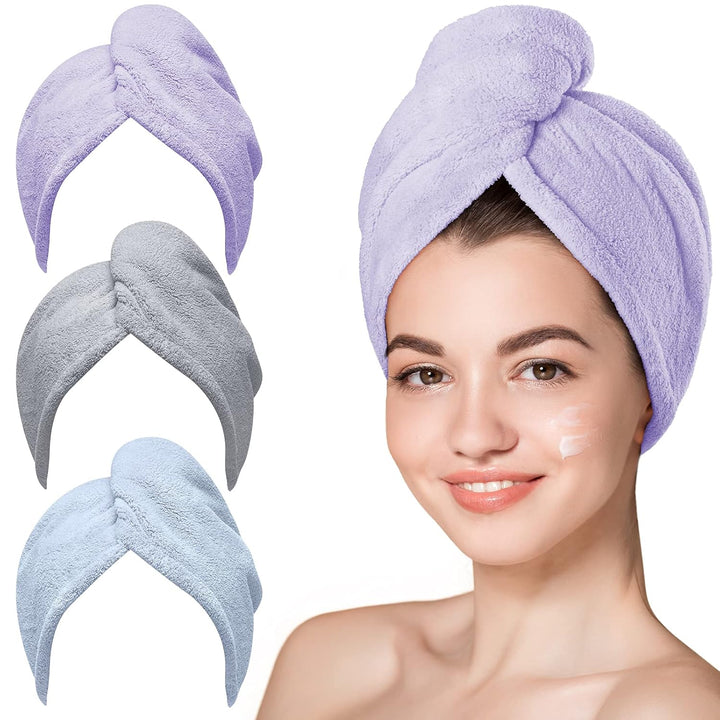 Microfiber Hair Towel,Turbans for Drying Wet Hair, anti Frizz Hair Wrap Towels for Curly Hair Women (Blue,Grey,Pink) , 3 Packs