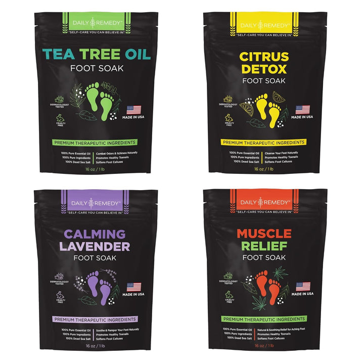 Foot Soak Salts- Variety Pack of 4- Tea Tree Oil, Muscle Relief, Calming Lavender & Citrus Soak- for Foot Pain, Soreness, Athlete’S Foot, Odors, Calluses-Made in USA