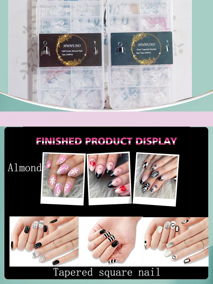 480Pcs Extra Short Half Cover Almond &Tapered Square Nail Tips Gel X Clear Set,2 Shape Pre Shape XXS for Manicure Art Home DIY Salon 12Sizes