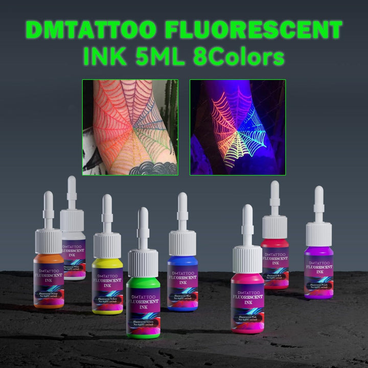 8Color Fluorescent Tattoo Ink Set, 8Pcs Tattoo Ink Color Set,Glow in the Blacklight, Skin-Safe Permanent Tattooing for 3D Makeup Beauty Skin Body Art, 0.17Fl Oz 5Ml/Bottle