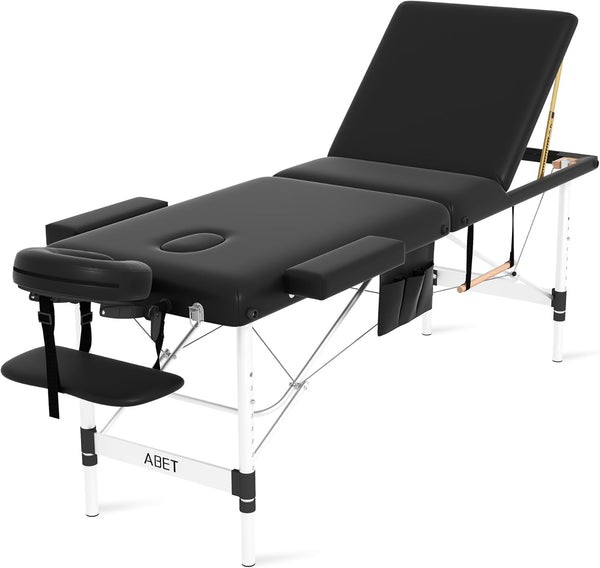 Massage Table, 3 Fold Portable Professional Lash Tattoo Spa Bed, Height Adjustable 23.5" Wide Compact Facial Table with Detachable Oil Pocket Towel Rod Face Cradle Armrest, Aluminum Feet & Black