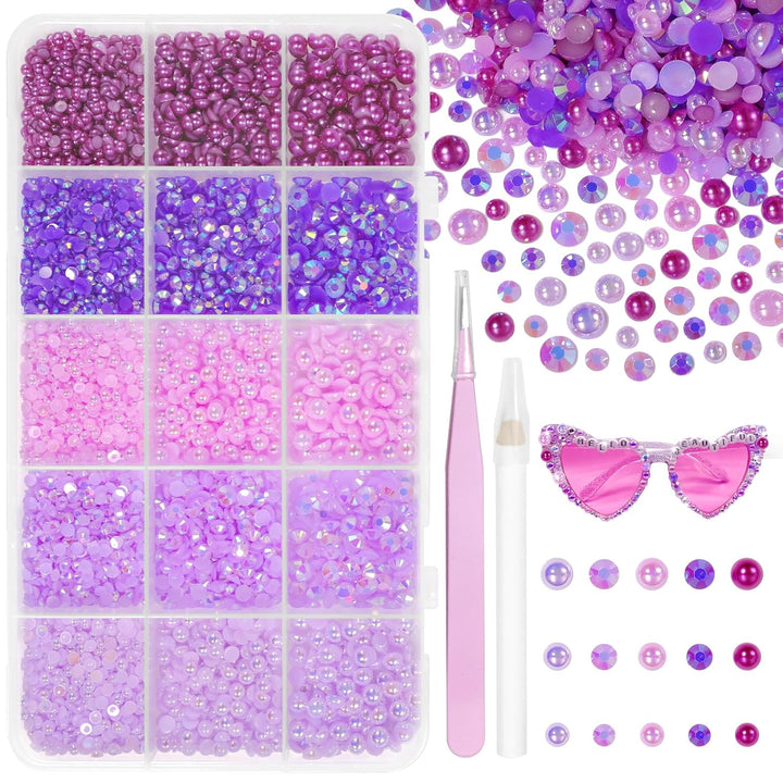12000 Pcs White Flatback Pearls and Rhinestones for Crafting, 3-5 Mm Jelly Resin Rhinestones, Mixed Size Half Pearl Bedazzling Gems for Nail DIY Crafts Mugs Bottles Tumblers Clothes Makeup