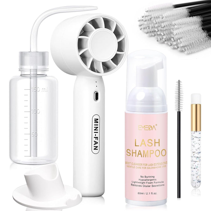 Lash Shampoo Kit 2.02 Fl Oz Lash Cleaning Kit with Rechargeable Fan Dryer/Brush/Rinse Bottle, Oil-Free Cleanser Wash for Extensions & Clusters & Natural Eyelashes, Cleaner for Eyelash Care