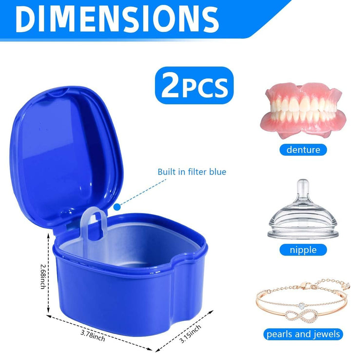 2 Pack Colors Denture Bath Case Cup Box Holder Storage Soak Container with Strainer Basket for Travel Cleaning (Light Blue and Blue)