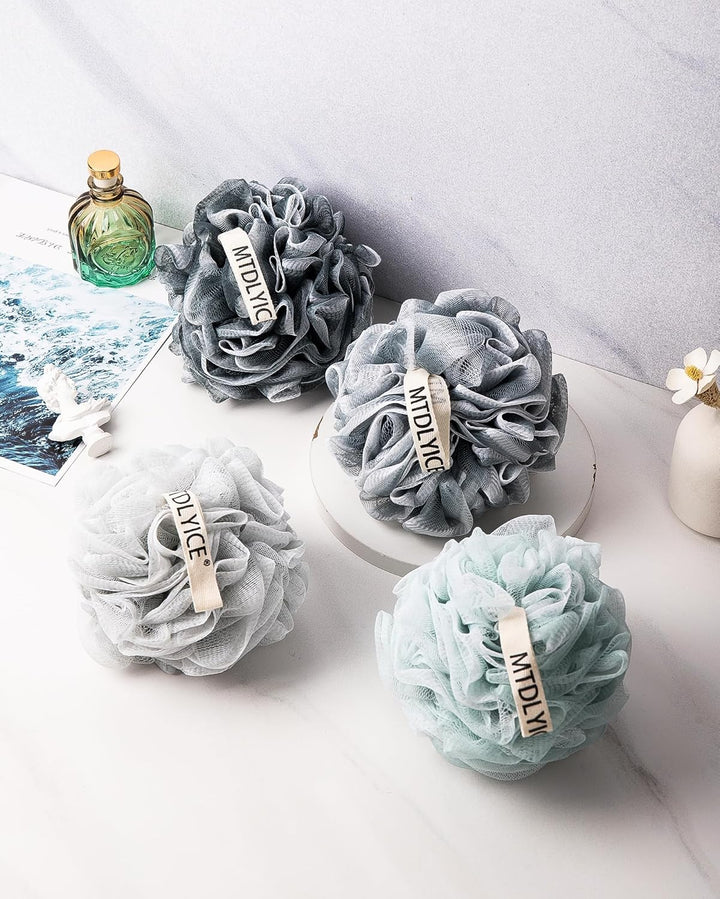 Loofah Sponge, XXL Large Loofah 100G 4 Pack, Bath Sponge Soft Mesh Shower Loofah for Men, Body Scrub, Shower Pouf Bath Accessories, for Body Wash, Soap (Blue Gray)