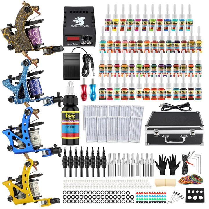 Complete Tattoo Kit 4 Pro Machine Guns 54 Inks Power Supply Foot Pedal Needles Grips Tips Carry Case TK453-US