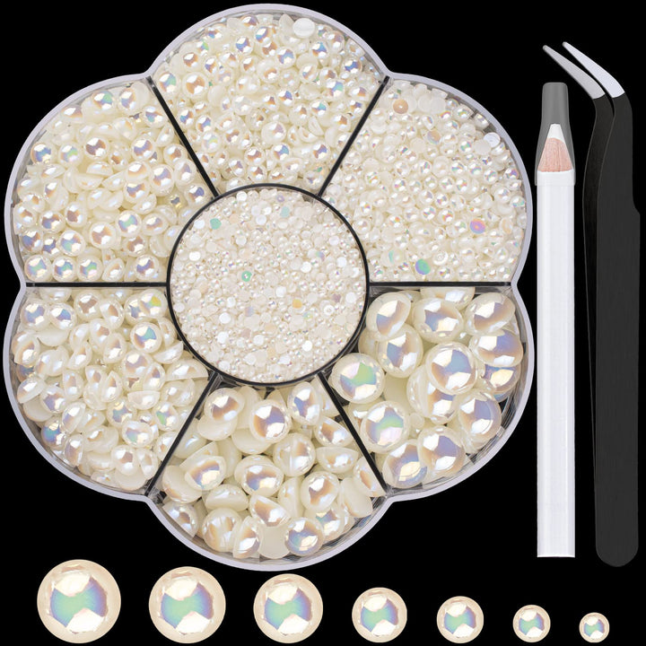 Nail Art Flat Back Half round Pearl Kits 3, Mixed Sizes 6000 Pcs White Small Pearls for Nails with Picking Tools for Graduation Cap Decorations Home DIY Body Face Craft Salon Use