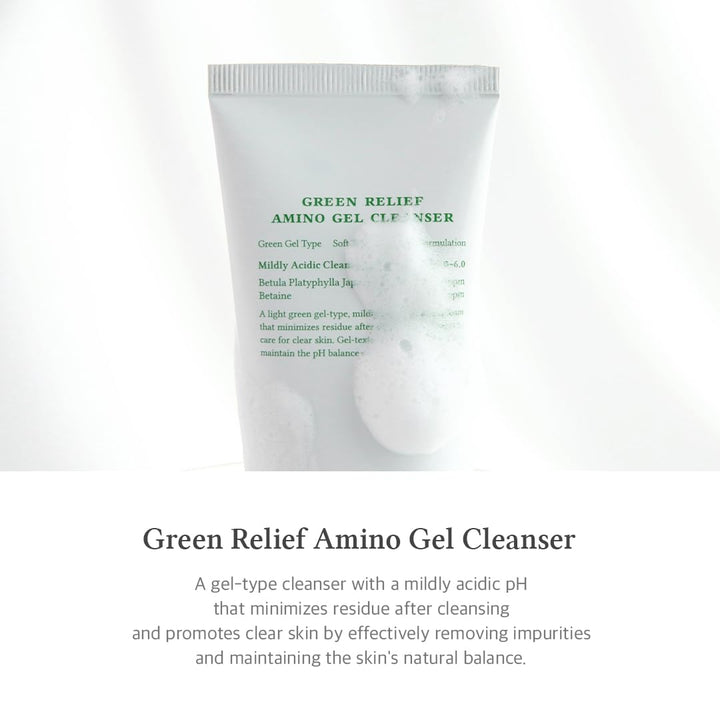 Green Relief Amino Gel Cleanser | Lightweight & Hydrating Makeup Remover | Daily Face Wash with Hyaluronic Acid | Korean Vegan Skincare for All Skin Types | 3.38 Fl Oz
