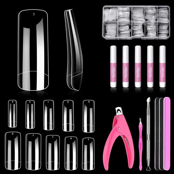 Clear Acrylic Nail Tips, 500 Pcs French Nail Tips Square Half Cover with Glue, Clipper, Files and Cuticle Fork for Salons and Home DIY