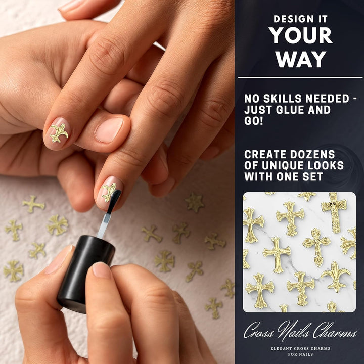 100 Pcs Gold Cross Nail Charms and Gems – 3D Gold Nail Charms Crosses, Made from Acrylic & Metal Alloy for Y2K DIY Designs – Durable and Easy-To-Apply Accessories for Creative Eye-Catching Manicures