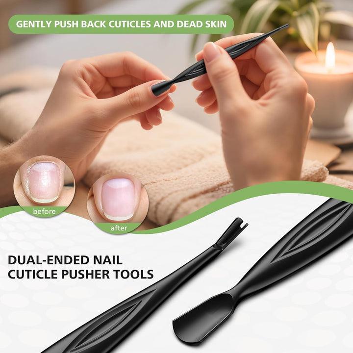 2-In-1 Cuticle Pusher & Trimmer with Fork – Professional Stainless Steel Nail Cuticle Remover Tool for Pain-Free Manicure & Pedicure – Durable Metal Cuticle Nippers and Scraper, Black