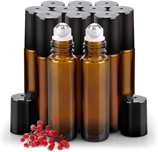 12 Pack Essential Oil Roller Bottles Stainless Steel, 10Ml Amber Glass Roller Bottles with Caps for Travel, Perfume and Lip Gloss