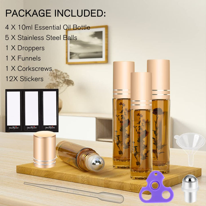 4 Pack, 10 Ml Essential Oil Roller Bottles with Stainless Steel Roller Ball - Refillable Leak-Proof Empty Thick Amber Glass Roll on Bottles with Metal Caps for Travel, Perfume