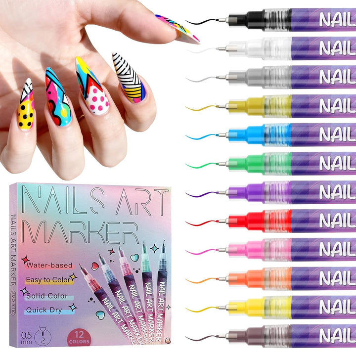 12 Colors Nail Art Pens Set, 3D 0.7MM Nail Polish Pens Quick-Drying Nail Art Acrylic Paint Nail Point Dotting Liner Pen Tools for Home & Salon Nail DIY
