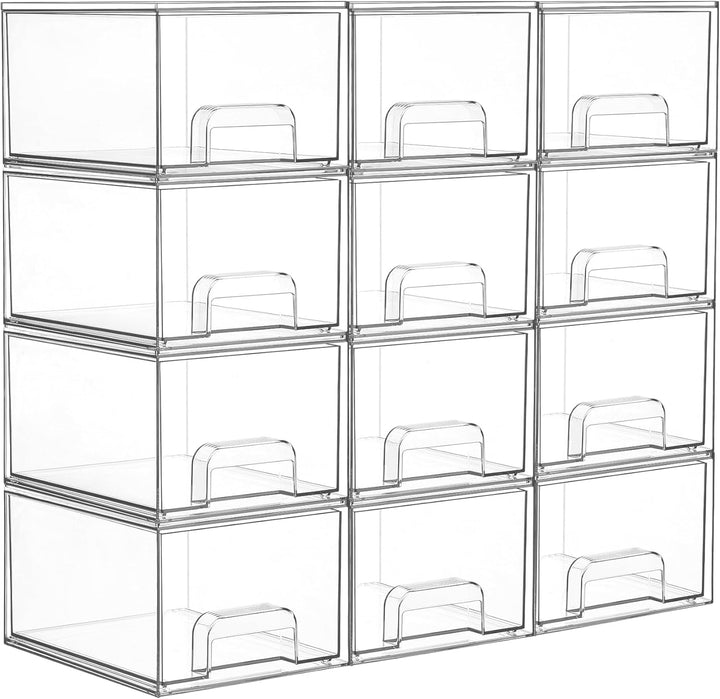 4 Pack Small Clear Stackable Storage Drawers,Acrylic Bathroom Makeup Organizer,Plastic Storage Bins for Vanity, Undersink, Kitchen Cabinets, Pantry, Home Organization