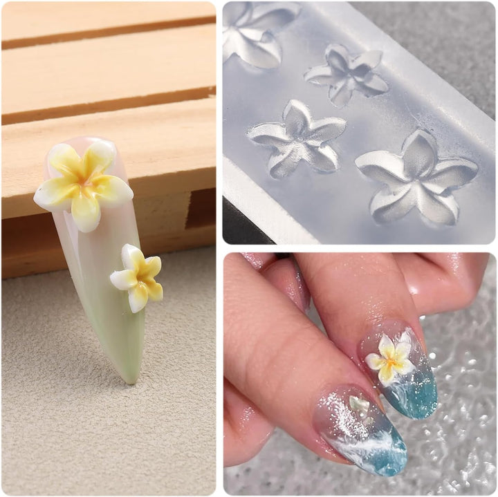 Silicone Nail Molds, 2PCS Reusable Clear 3D Flowers Nail Art Molds with Carving Pen Cherry Blossom Plumeria Hibiscus Flower Nail Design Manicure Template DIY Charms Resin Craft Accessories