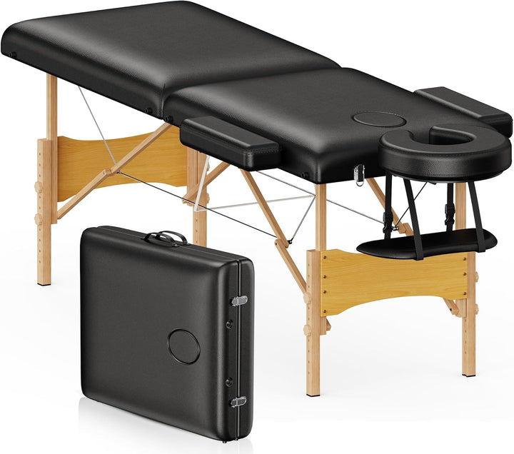 Massage Table Portable Wooden Lash Bed 24" Wide Adjustable Height 2-Fold Spa Table Foldable Tattoo Bed (Black)
