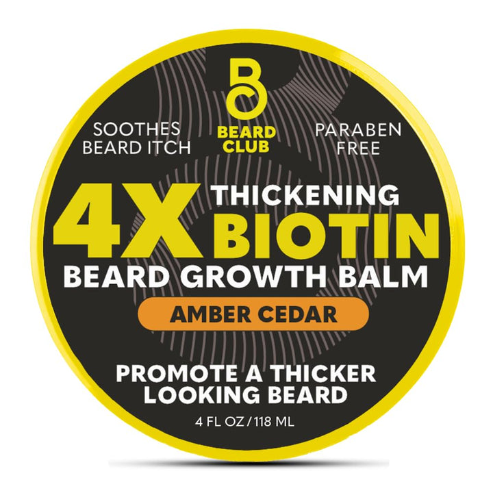 Biotin Beard Balm for Men - Beard Growth Shea Butter with Castor & Coconut Oil - Moisturizing, Hydrating and Softening Cream - Amber Cedar Scent - 4 Oz