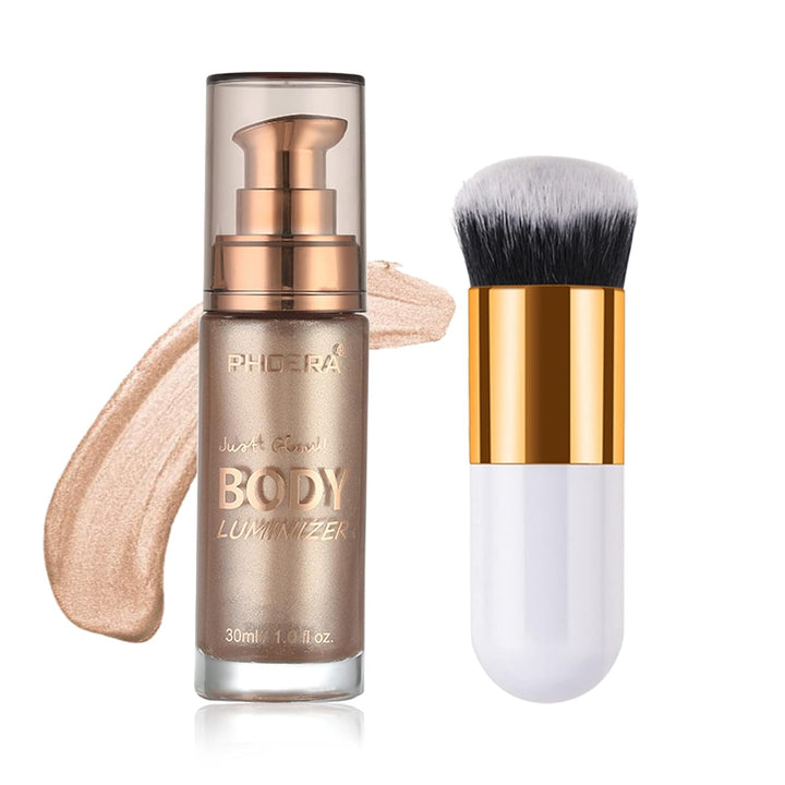 Body Shimmer Oil, Glistening Bronze Natural Glow Luminizer, Long Lasting Waterproof Moisturizing Liquid Illuminator Highlighter Makeup for a Sun-Kissed Glow, Brush Include, 1Oz, Medium