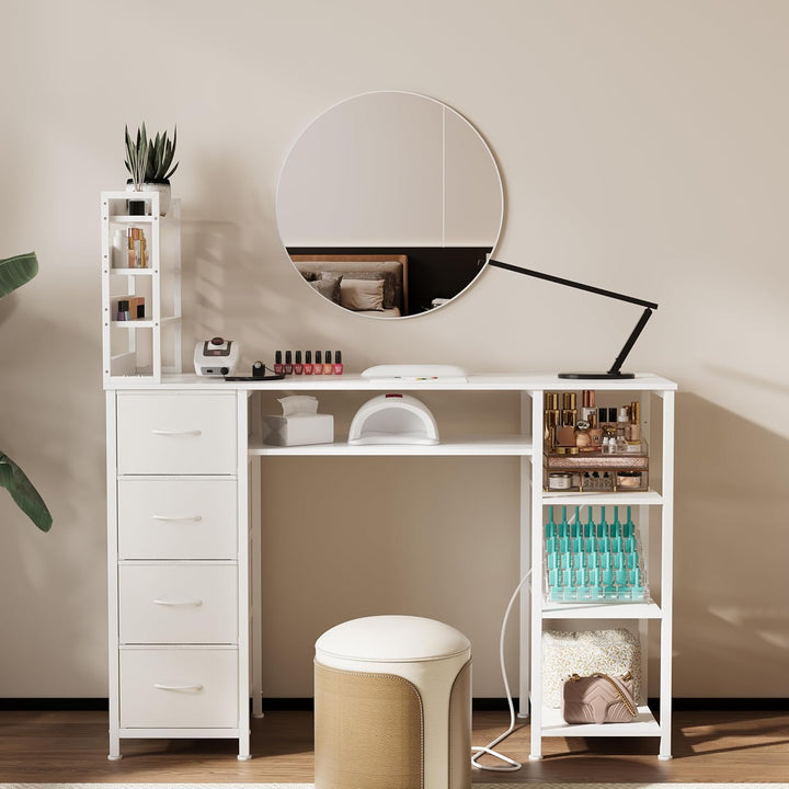 Manicure Table Nail Desk for Nail Tech with Drawers and Power Outlet,Nail Beauty Table with Storage and Open Shelves for Home,Workshop,Makeup Beauty Salon Workstation (White)