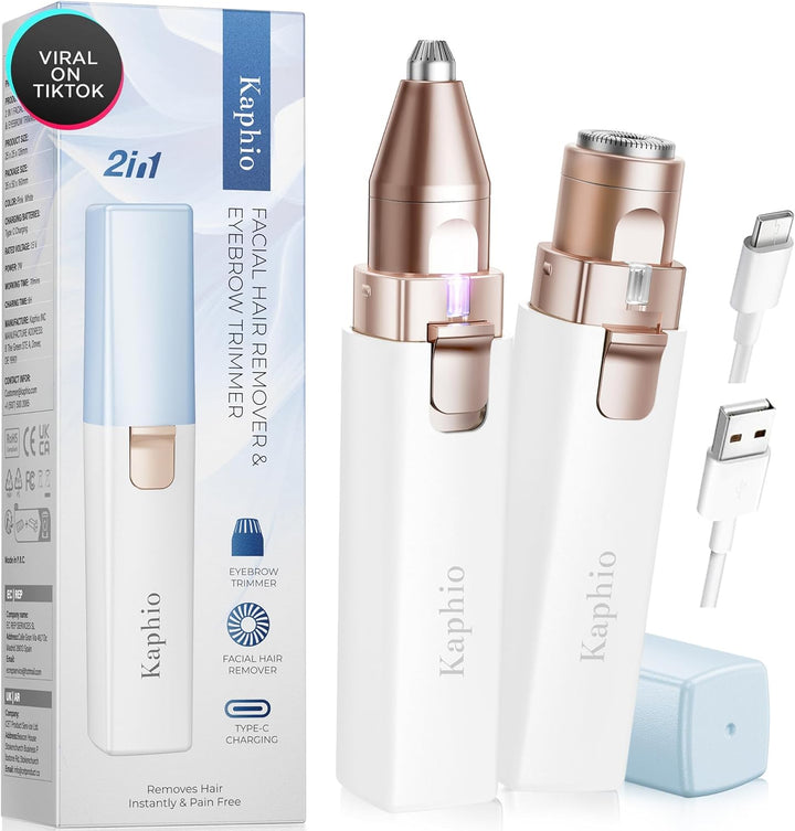 Eyebrow Facial Hair Remover for Women: Rechargeable 2 in 1 Face Shavers and Eyebrow Trimmer - Painless Electric Hair Removal Device for Face Eyebrows Lips Peach Fuzz with Light