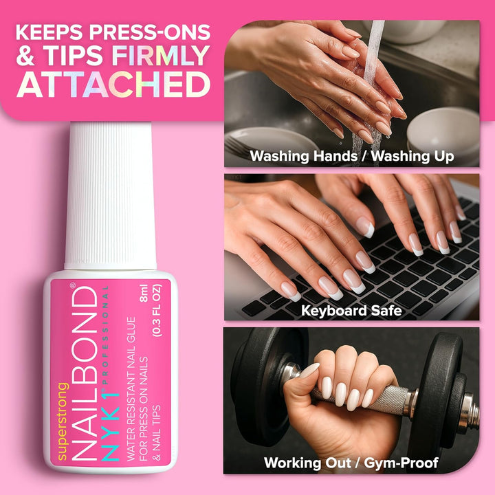 Super Strong Nail Glue for Press on Nails, Nail Tips & Acrylic Fake Nails (8Ml)  Nailbond Brush on Glue for Press Ons, Tips & Acrylics - Long Lasting, Maximum Strength, Mess-Free Application