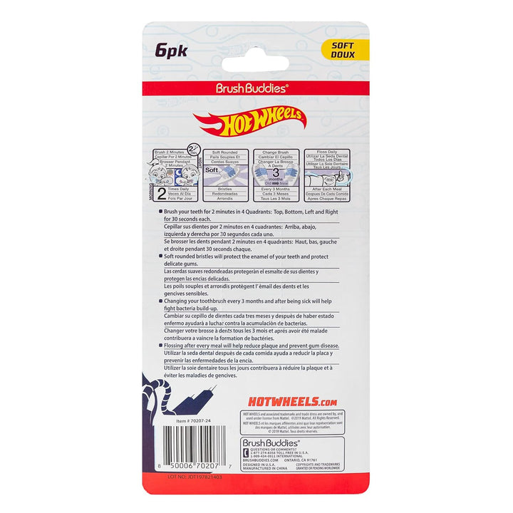 Hot Wheels Toothbrush for Kids, Kids Toothbrushes, Toothbrush Pack, Soft Bristles for Kids, Toddler Ages 2-4, 6PK