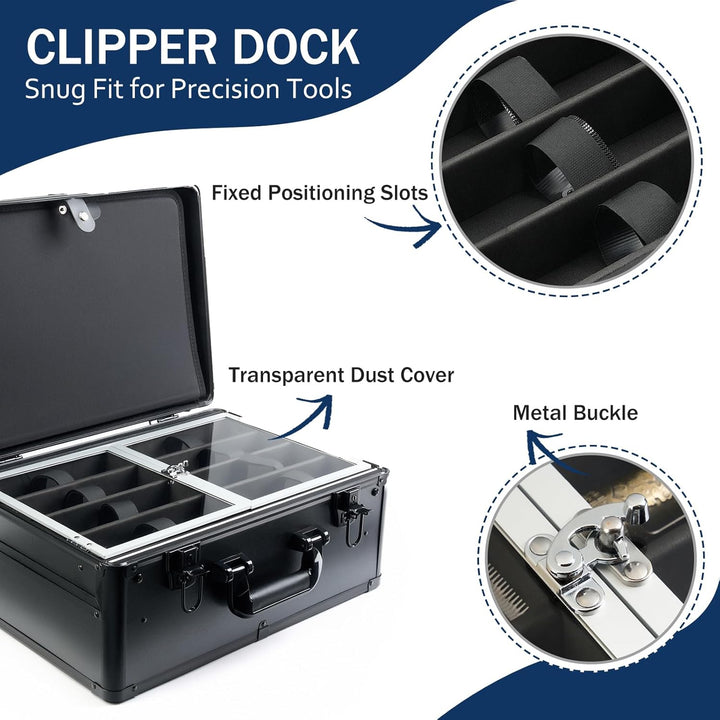 Professional Barber Case with Cap Clear Dustproof, Barber Suitcase 6 Clipper Slots & 8 Shear Holders, 17.13" Portable Aluminum Organizer for Hair Stylists & Pet Groomers